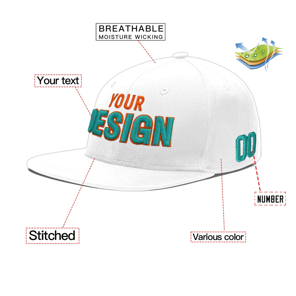 Custom White 3D Puff Embroidery Flat Embroidery Casual Sport Baseball Cap