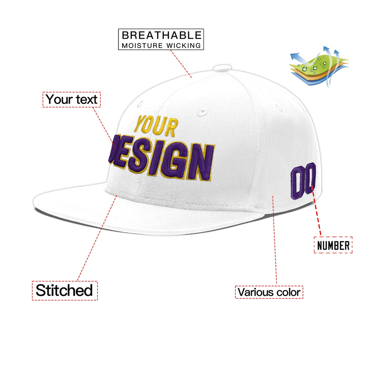 Custom White 3D Puff Embroidery Flat Embroidery Casual Sport Baseball Cap