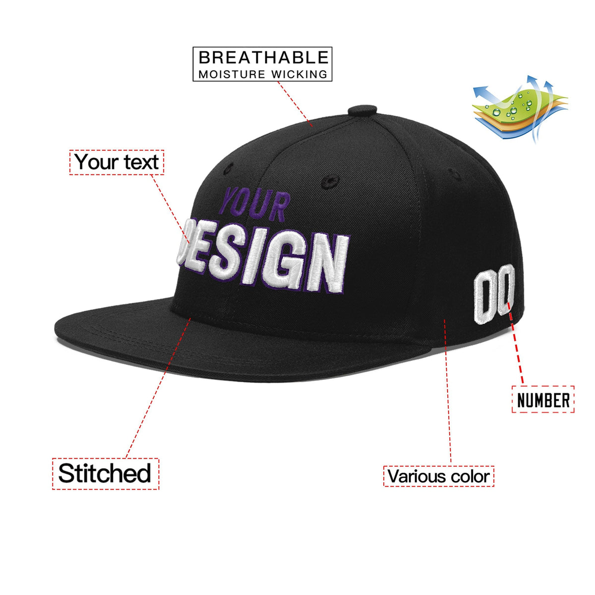 Custom Black 3D Puff Embroidery Flat Embroidery Casual Sport Baseball Cap