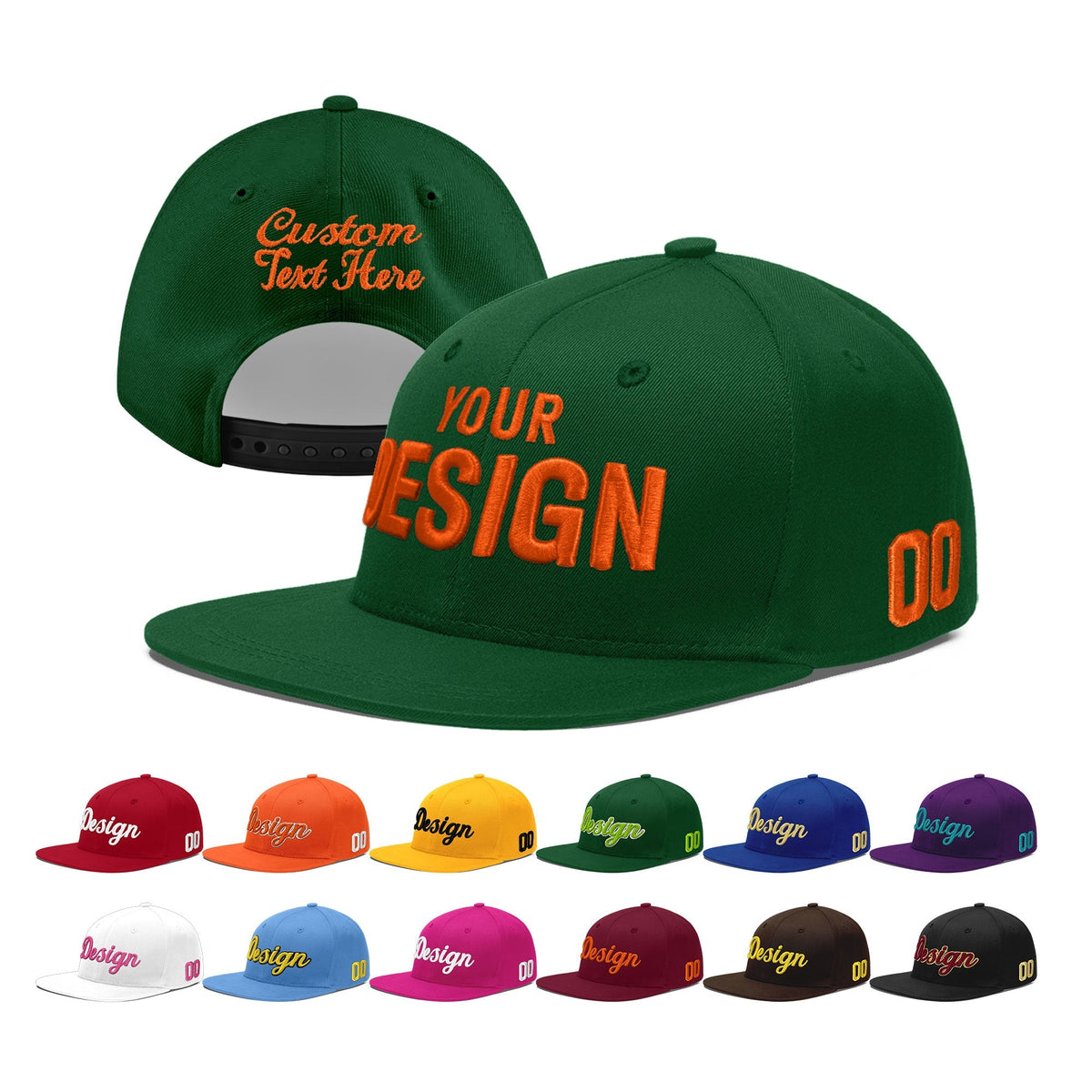 Custom Green 3D Puff Embroidery Flat Embroidery Casual Sport Baseball Cap