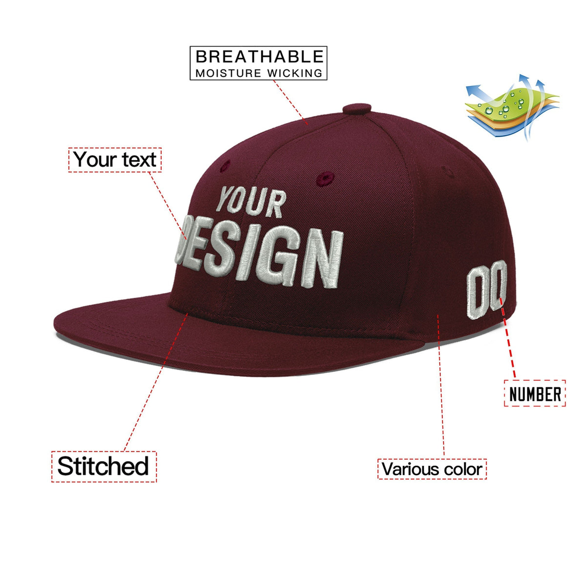 Custom Burgundy 3D Puff Embroidery Flat Embroidery Casual Sport Baseball Cap