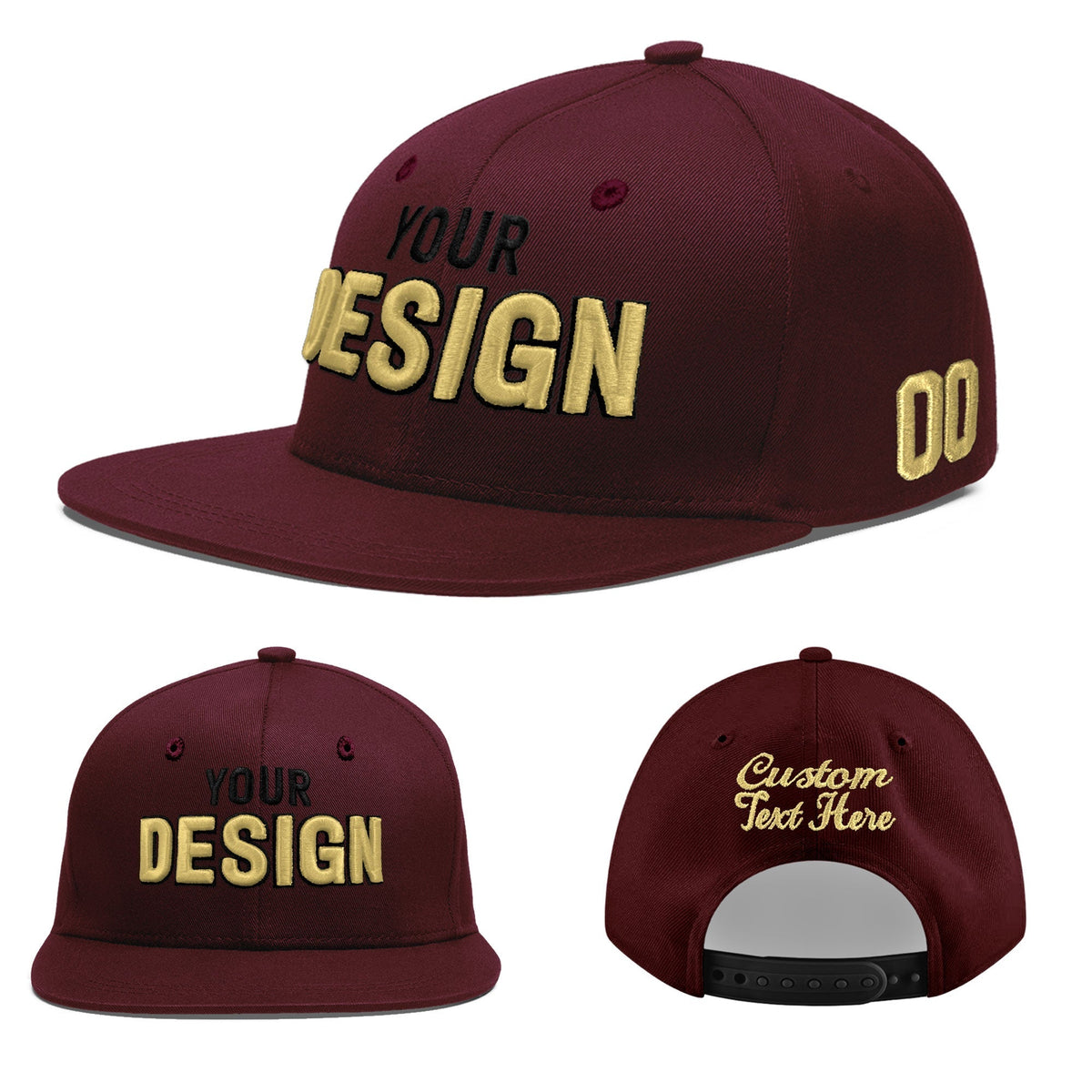 Custom Burgundy 3D Puff Embroidery Flat Embroidery Casual Sport Baseball Cap