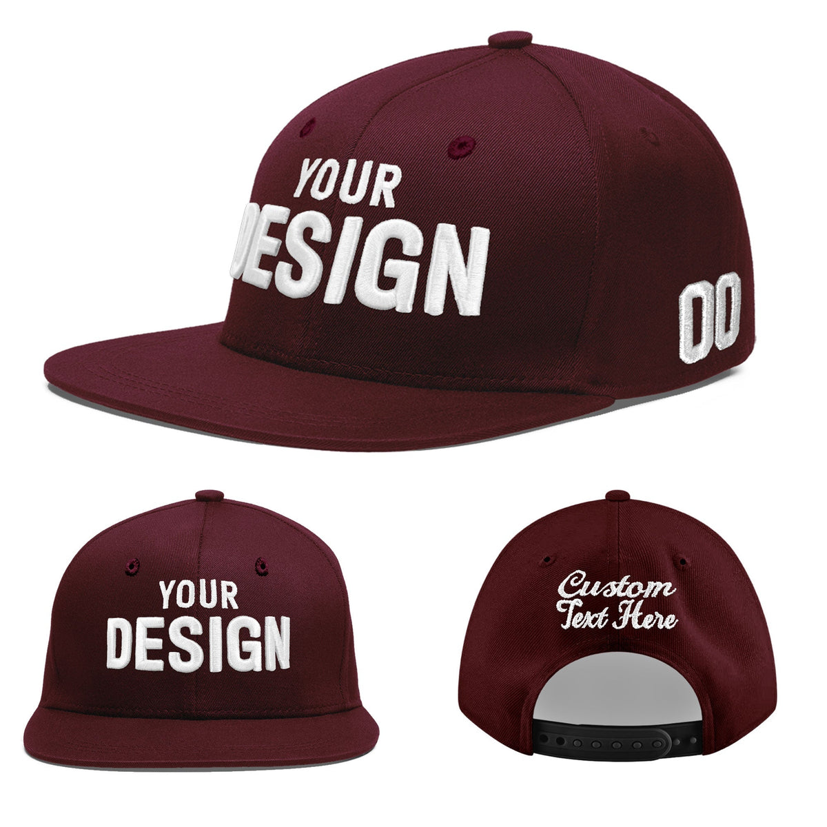 Custom Burgundy 3D Puff Embroidery Flat Embroidery Casual Sport Baseball Cap