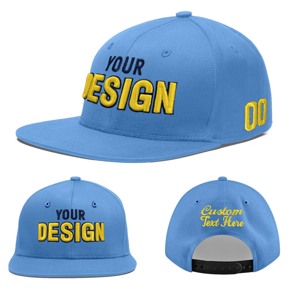 Custom Powder Blue 3D Puff Embroidery Flat Embroidery Casual Sport Baseball Cap
