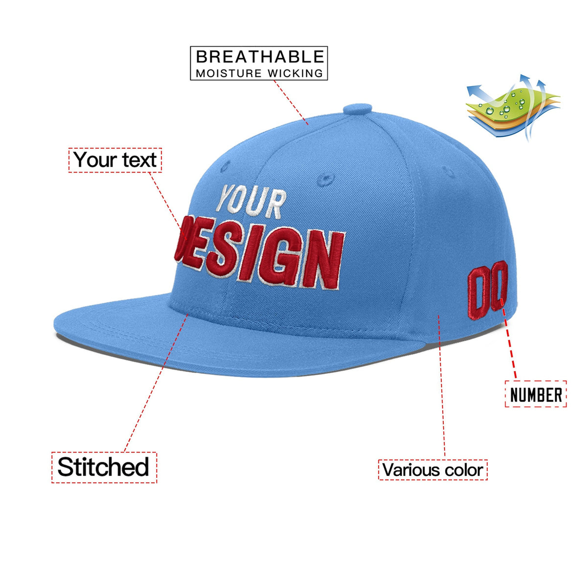 Custom Powder Blue 3D Puff Embroidery Flat Embroidery Casual Sport Baseball Cap