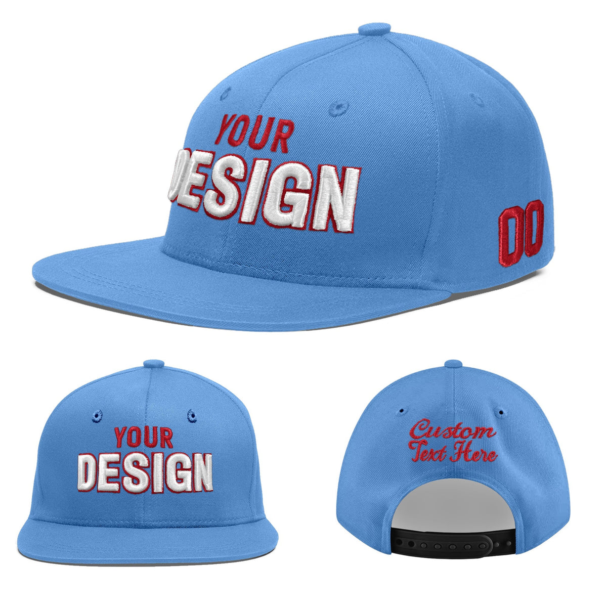 Custom Powder Blue 3D Puff Embroidery Flat Embroidery Casual Sport Baseball Cap