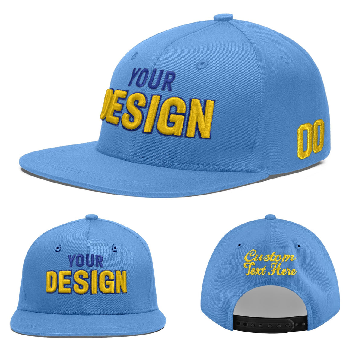 Custom Powder Blue 3D Puff Embroidery Flat Embroidery Casual Sport Baseball Cap