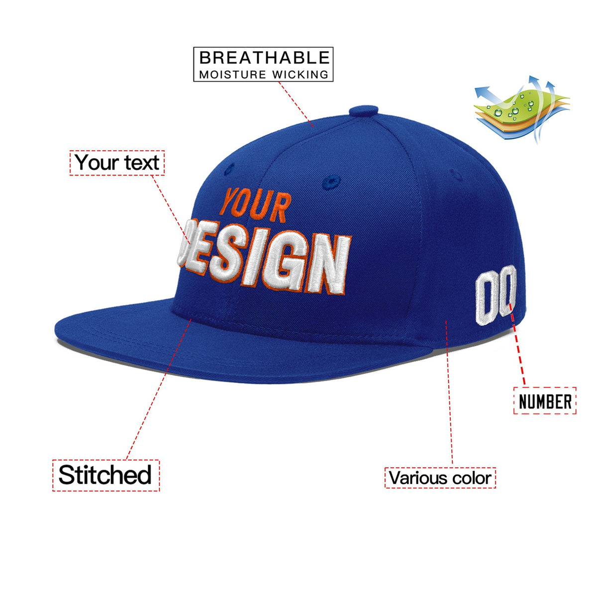 Custom Royal 3D Puff Embroidery Flat Embroidery Casual Sport Baseball Cap