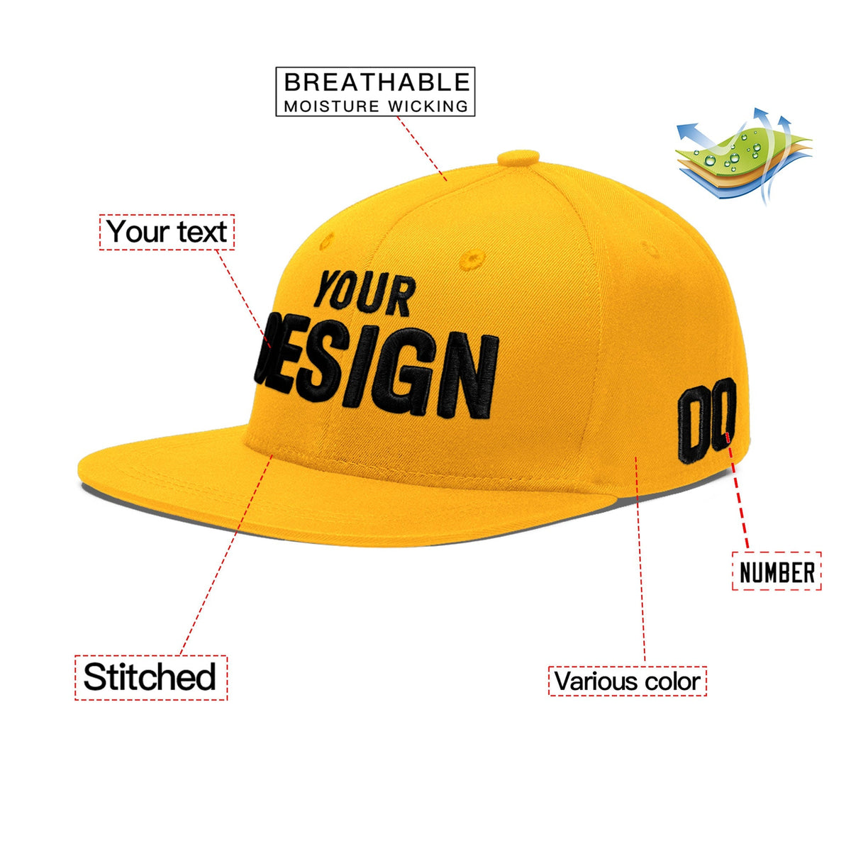 Custom Yellow 3D Puff Embroidery Flat Embroidery Casual Sport Baseball Cap