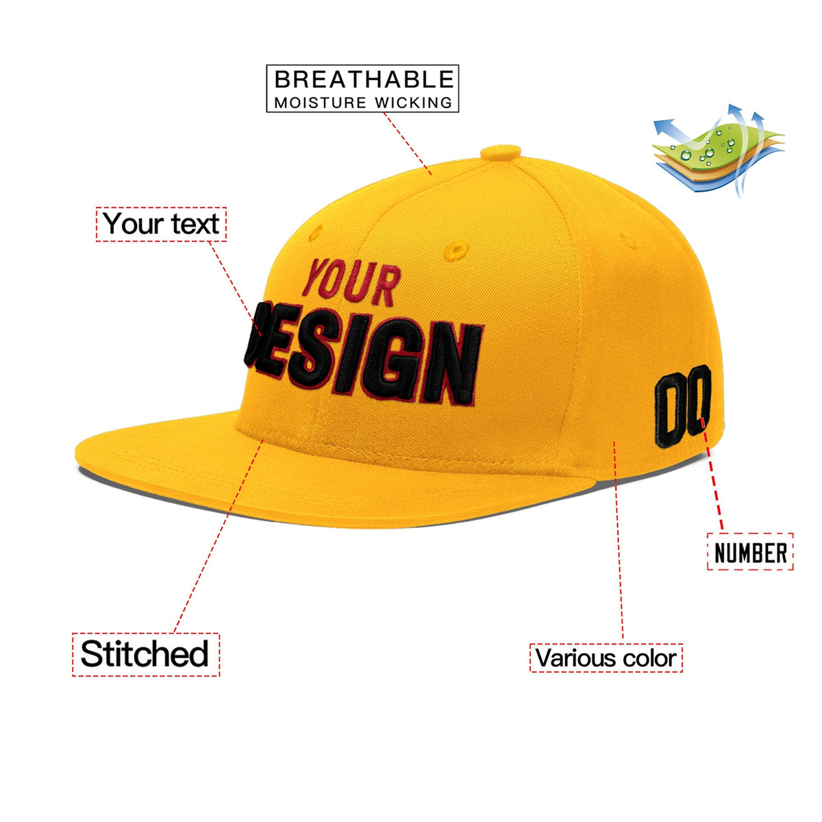 Custom Yellow 3D Puff Embroidery Flat Embroidery Casual Sport Baseball Cap