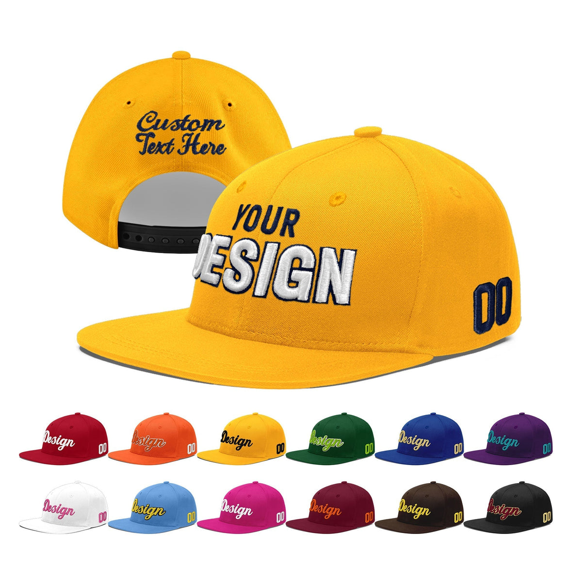 Custom Yellow 3D Puff Embroidery Flat Embroidery Casual Sport Baseball Cap