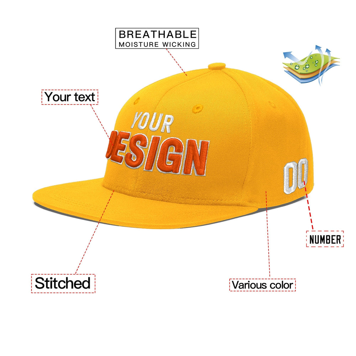 Custom Yellow 3D Puff Embroidery Flat Embroidery Casual Sport Baseball Cap