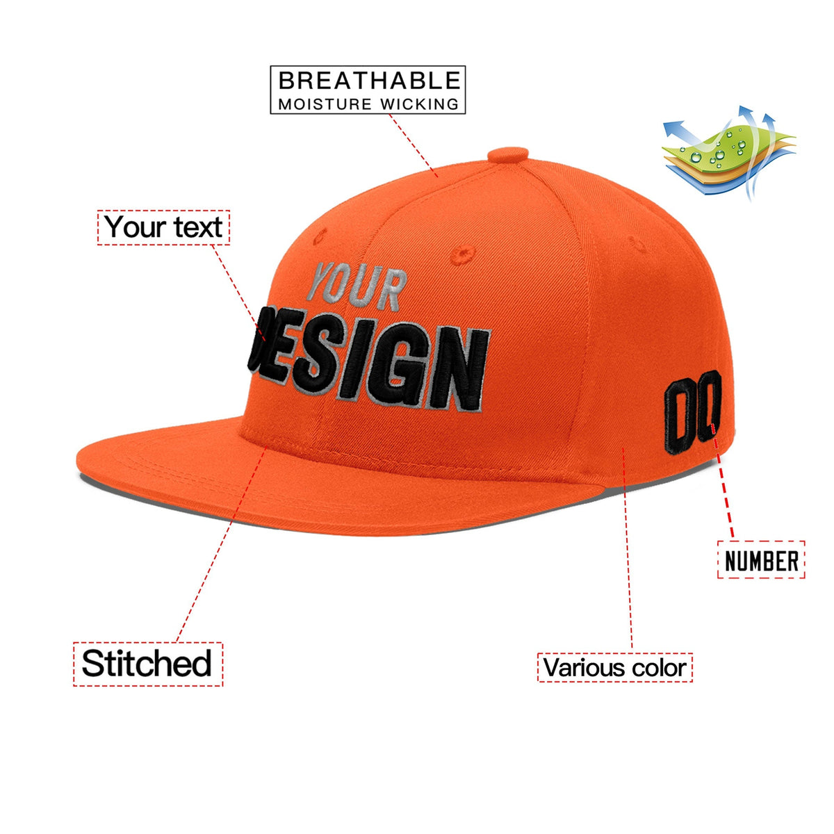 Custom Orange 3D Puff Embroidery Flat Embroidery Casual Sport Baseball Cap