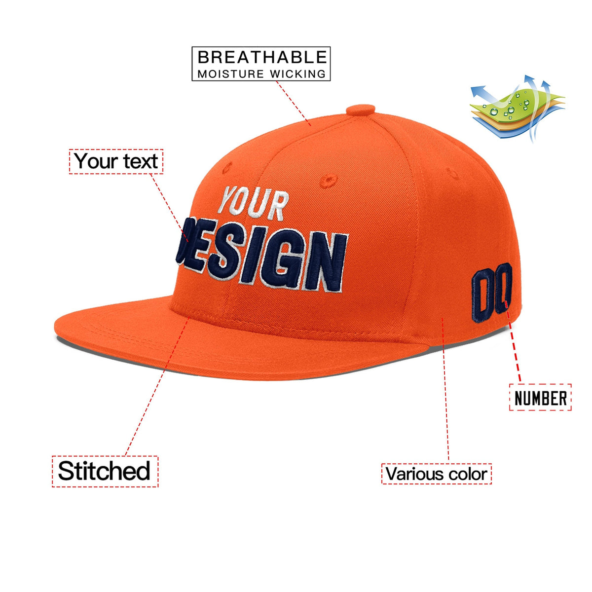 Custom Orange 3D Puff Embroidery Flat Embroidery Casual Sport Baseball Cap