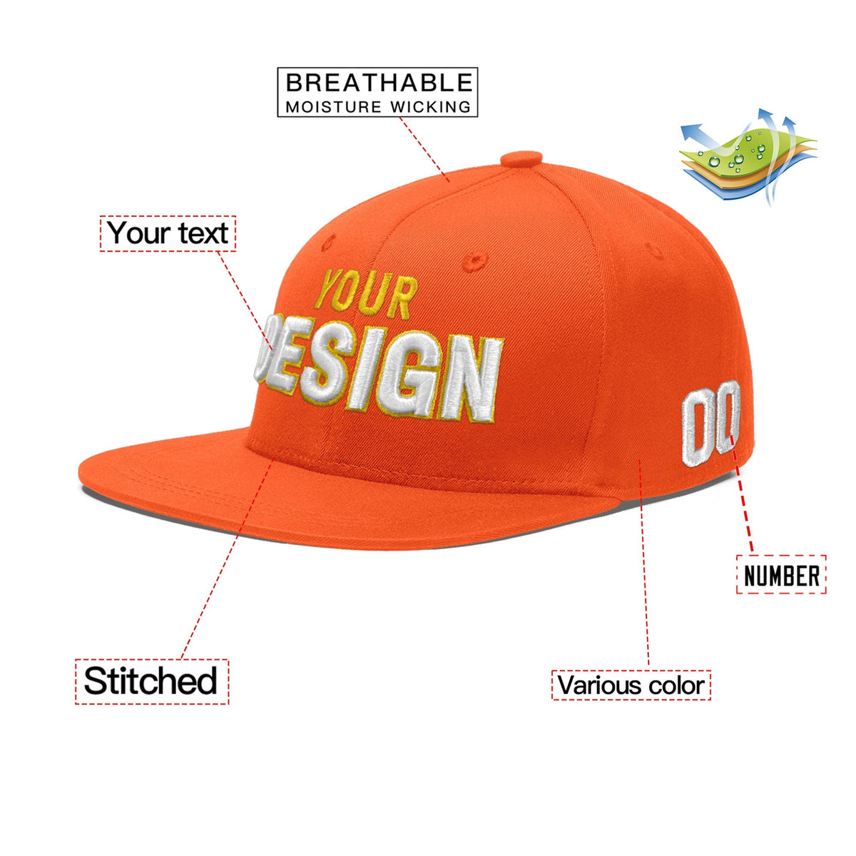 Custom Orange 3D Puff Embroidery Flat Embroidery Casual Sport Baseball Cap