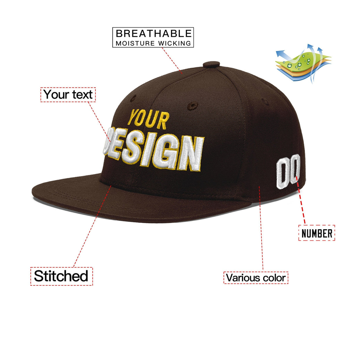 Custom Brown 3D Puff Embroidery Flat Embroidery Casual Sport Baseball Cap