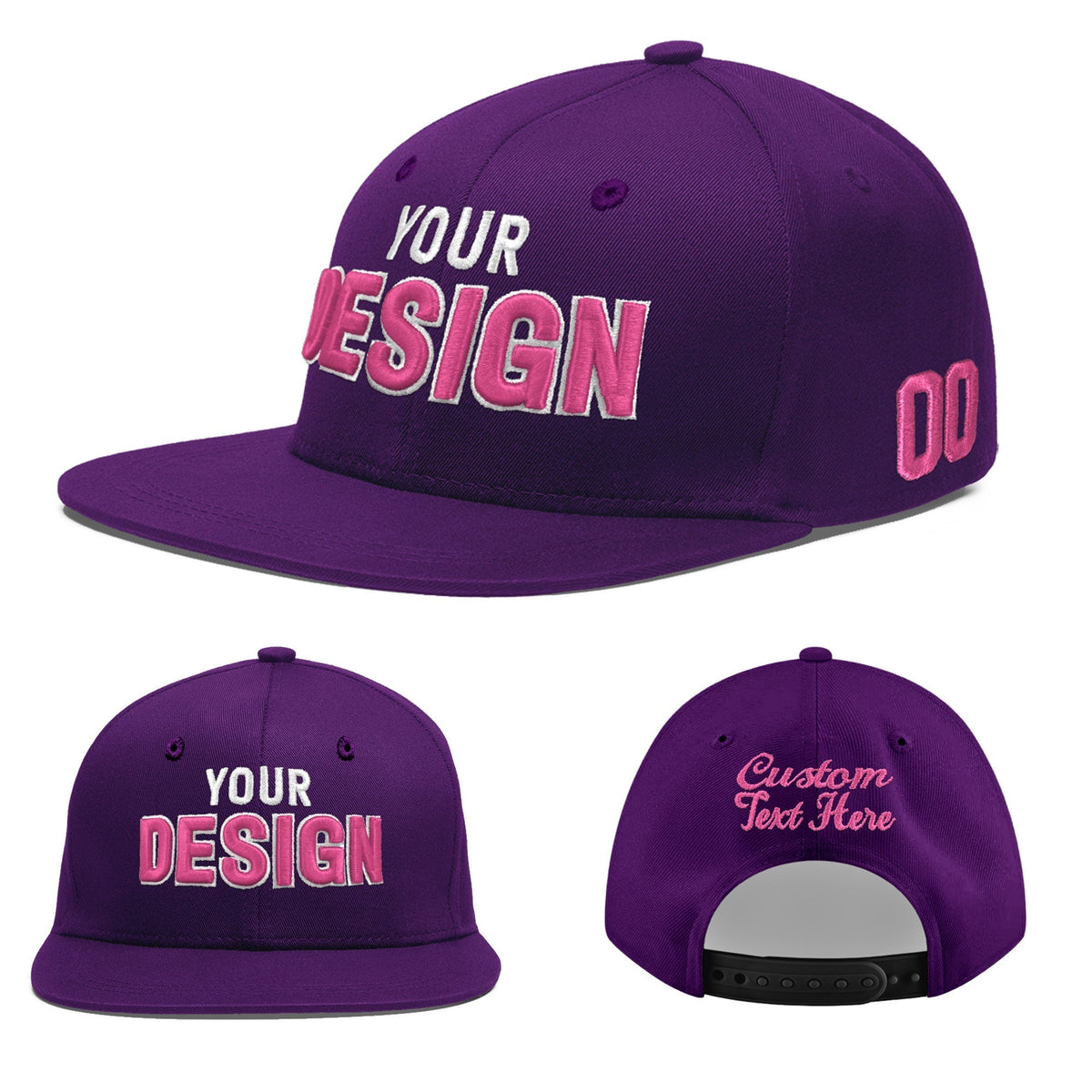 Custom Purple 3D Puff Embroidery Flat Embroidery Casual Sport Baseball Cap