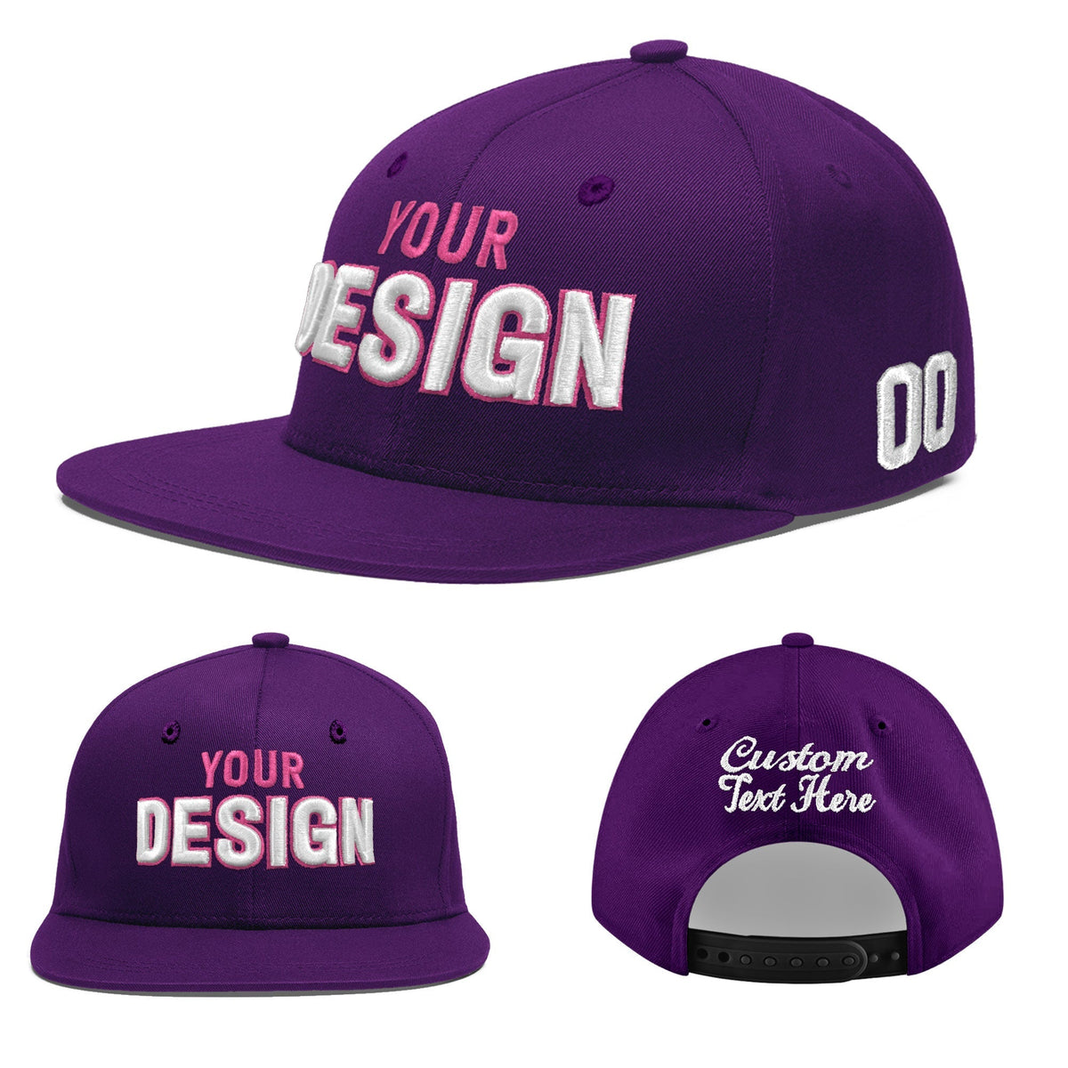 Custom Purple 3D Puff Embroidery Flat Embroidery Casual Sport Baseball Cap
