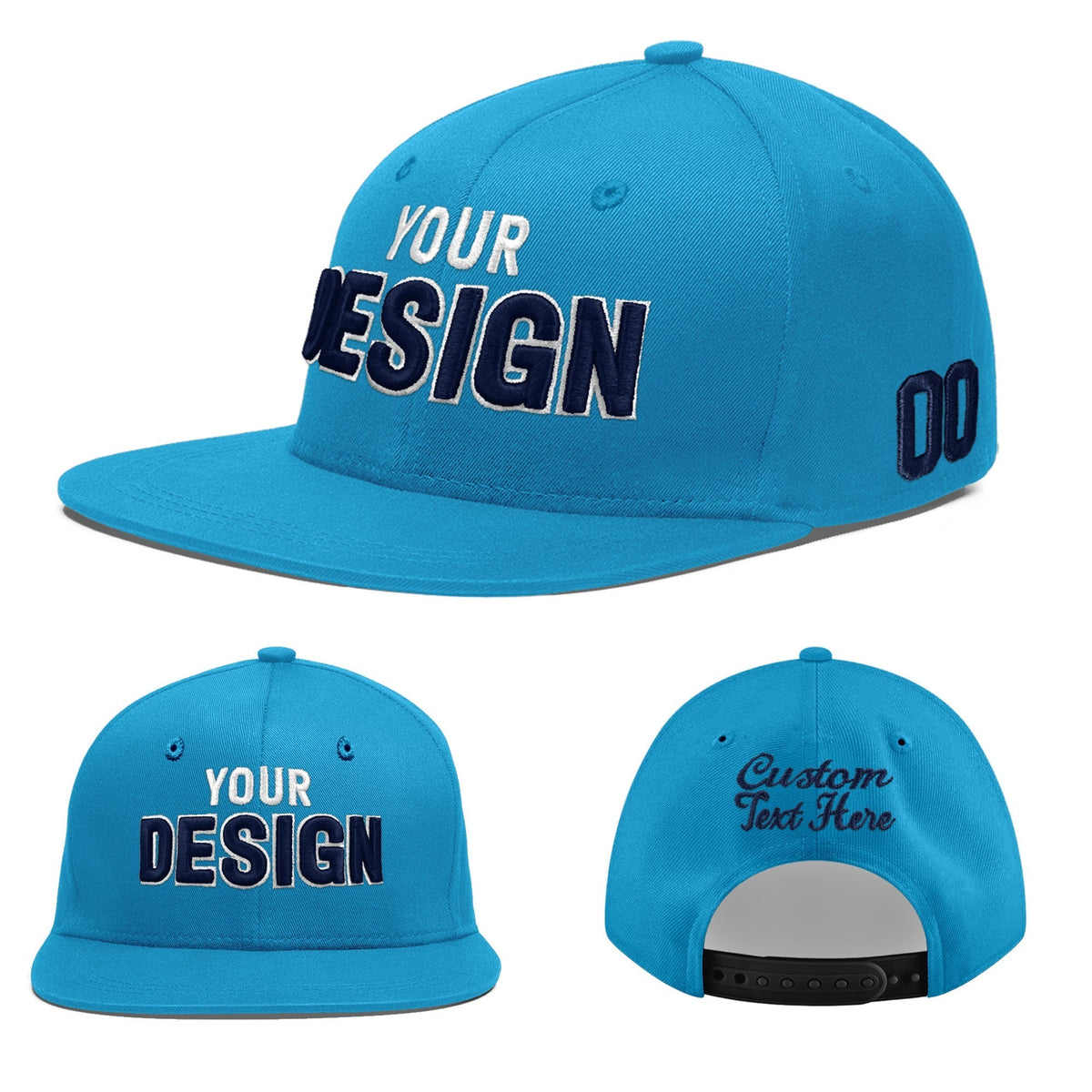 Custom Light Blue 3D Puff Embroidery Flat Embroidery Casual Sport Baseball Cap