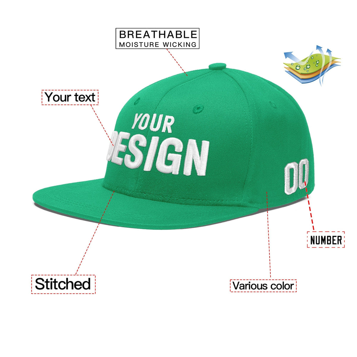 Custom Aqua 3D Puff Embroidery Flat Embroidery Casual Sport Baseball Cap
