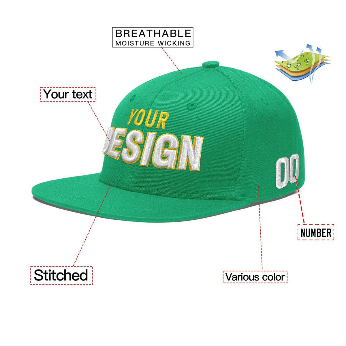 Custom Aqua 3D Puff Embroidery Flat Embroidery Casual Sport Baseball Cap