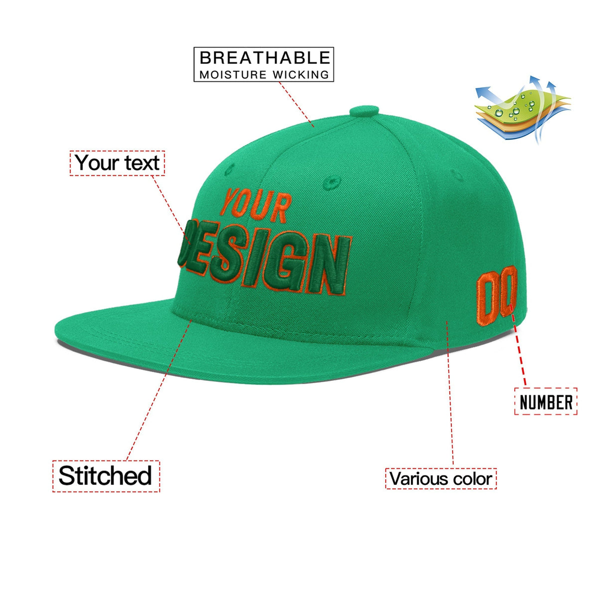 Custom Aqua 3D Puff Embroidery Flat Embroidery Casual Sport Baseball Cap