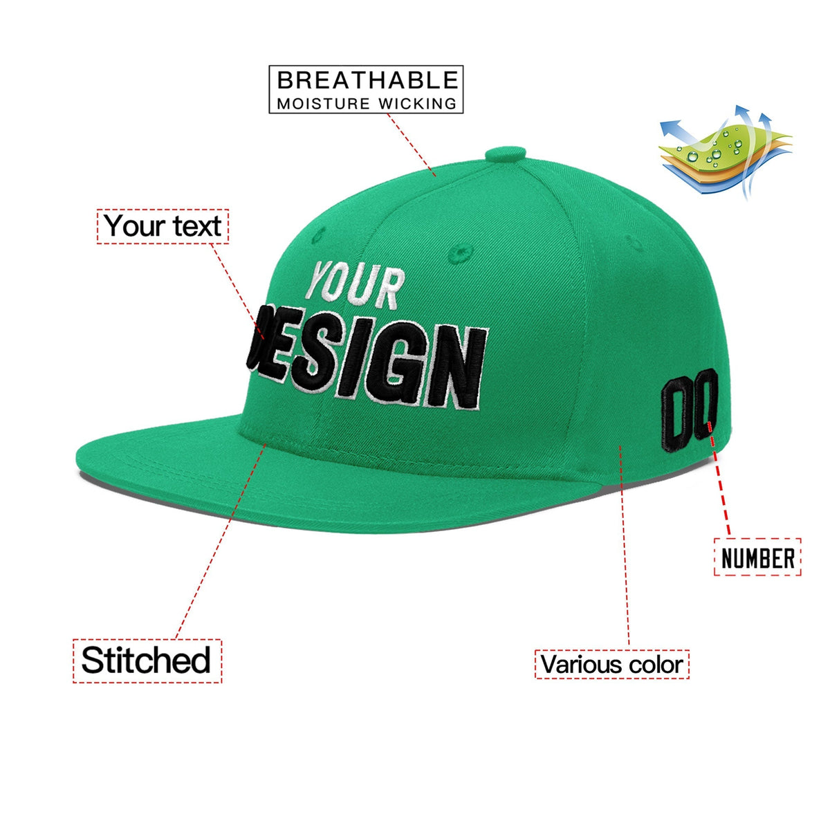 Custom Aqua 3D Puff Embroidery Flat Embroidery Casual Sport Baseball Cap