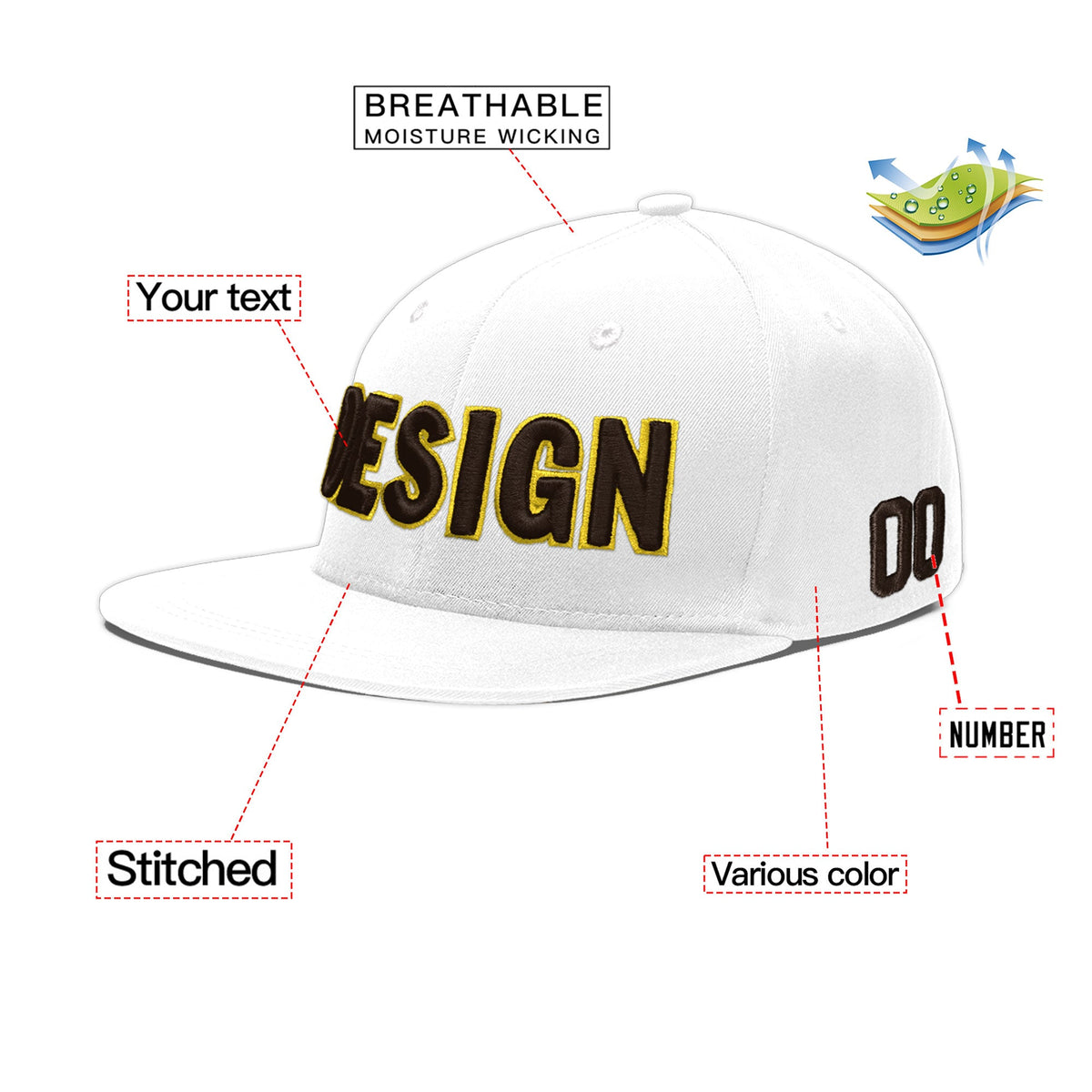 Custom White 3D Puff Embroidery Flat Embroidery Casual Sport Baseball Cap