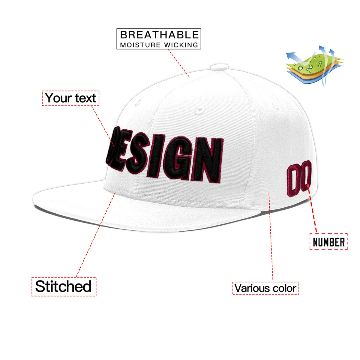 Custom White 3D Puff Embroidery Flat Embroidery Casual Sport Baseball Cap