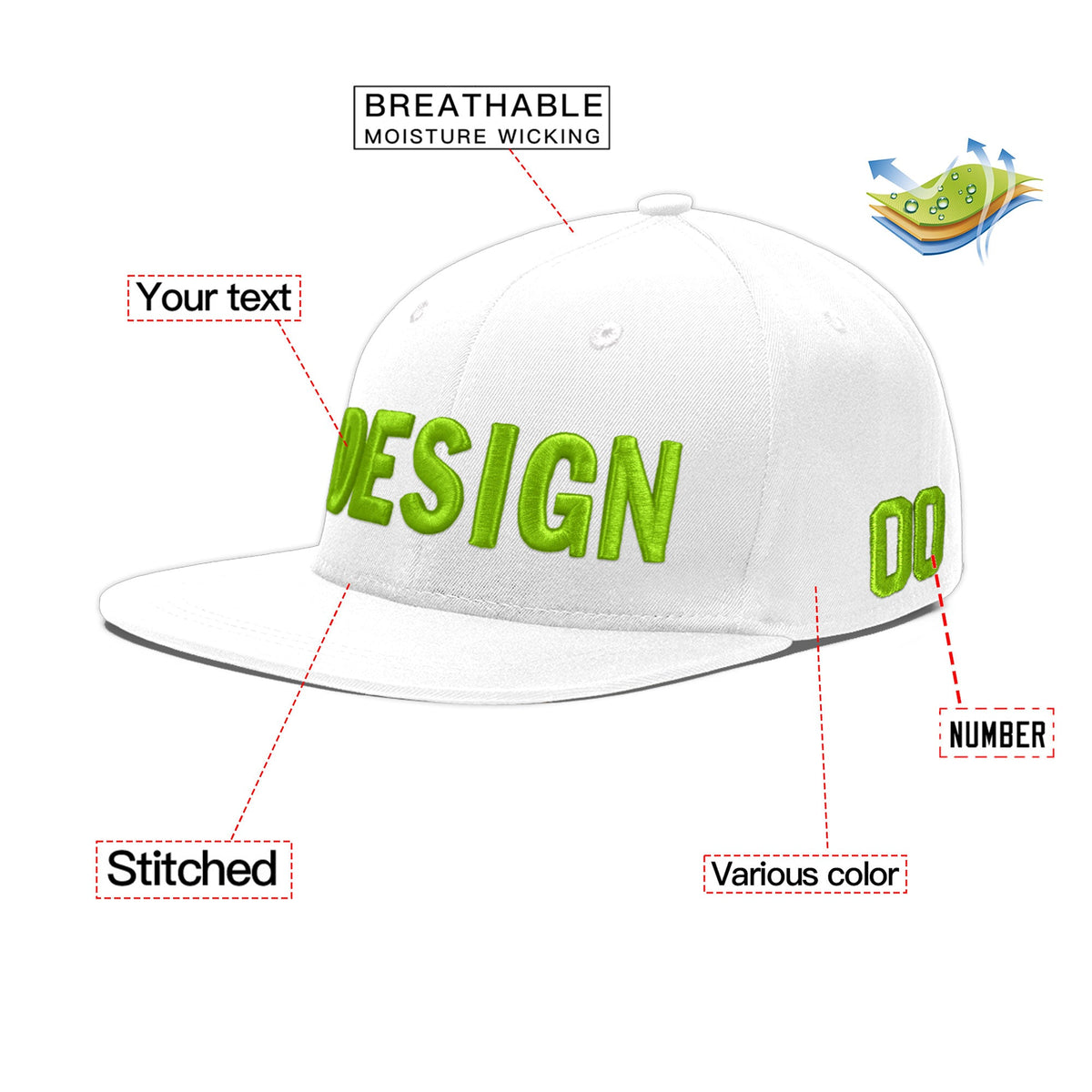 Custom White 3D Puff Embroidery Flat Embroidery Casual Sport Baseball Cap