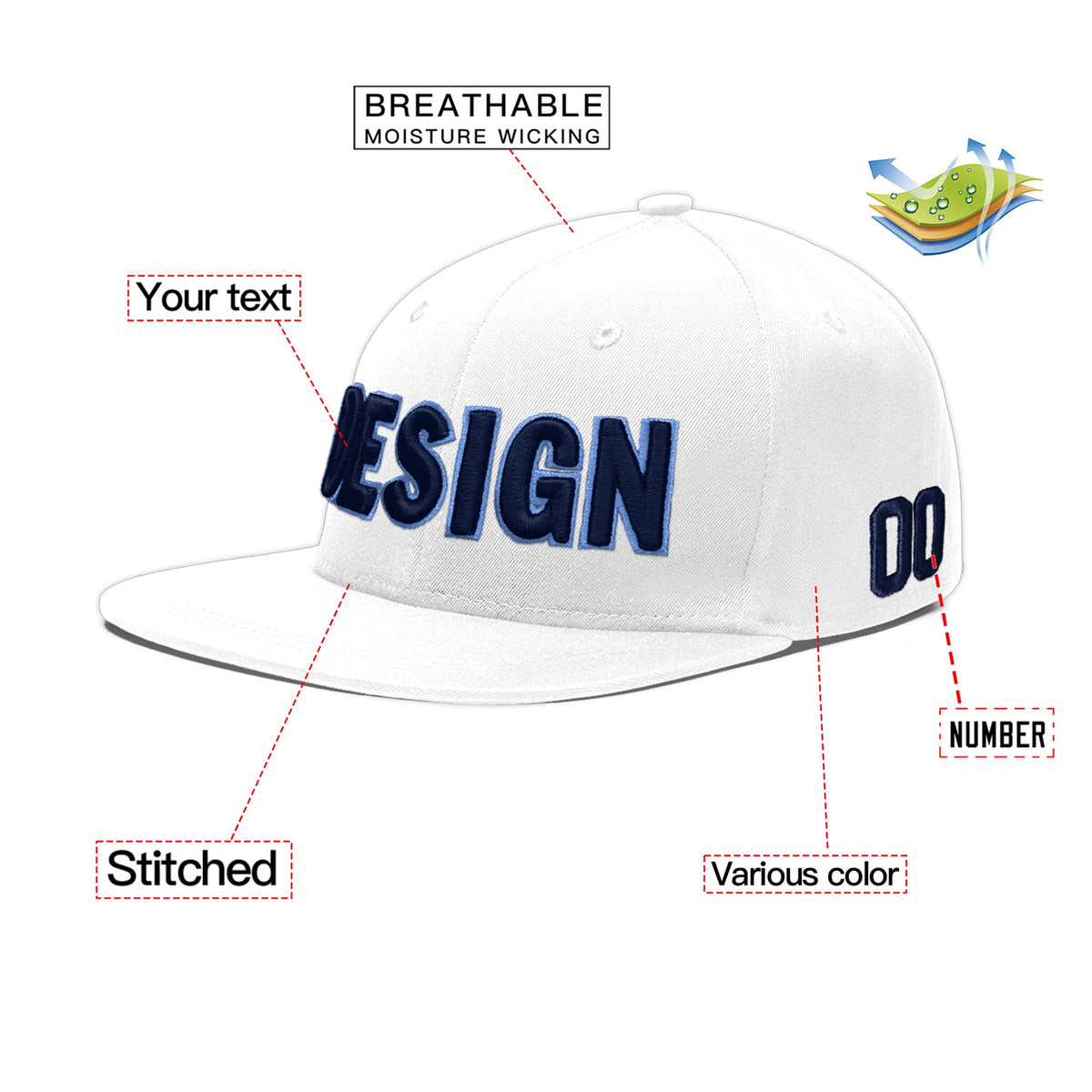 Custom White 3D Puff Embroidery Flat Embroidery Casual Sport Baseball Cap