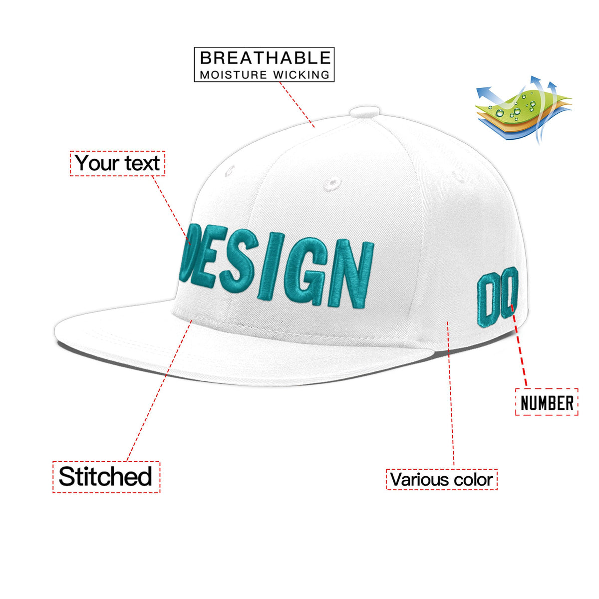 Custom White 3D Puff Embroidery Flat Embroidery Casual Sport Baseball Cap