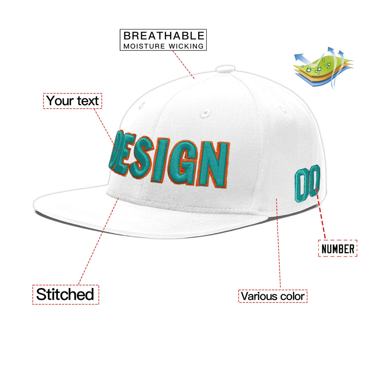 Custom White 3D Puff Embroidery Flat Embroidery Casual Sport Baseball Cap
