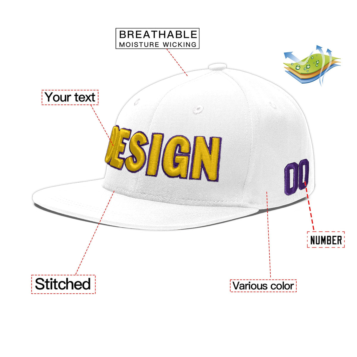 Custom White 3D Puff Embroidery Flat Embroidery Casual Sport Baseball Cap