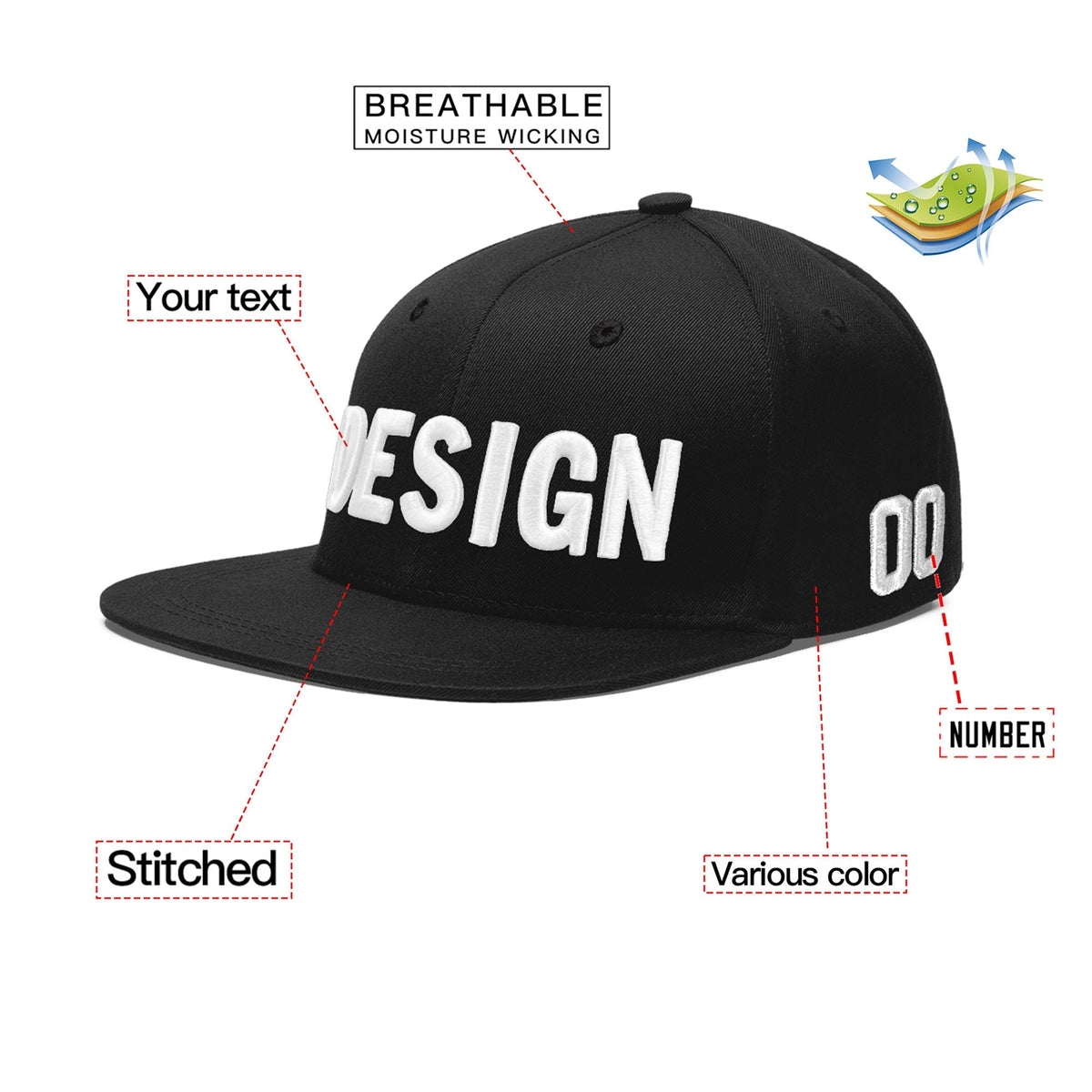 Custom Black 3D Puff Embroidery Flat Embroidery Casual Sport Baseball Cap