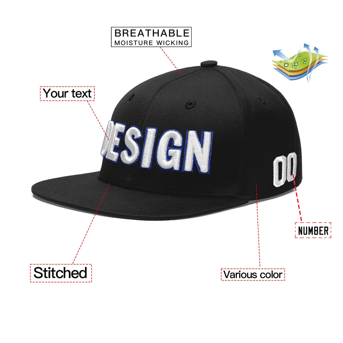 Custom Black 3D Puff Embroidery Flat Embroidery Casual Sport Baseball Cap