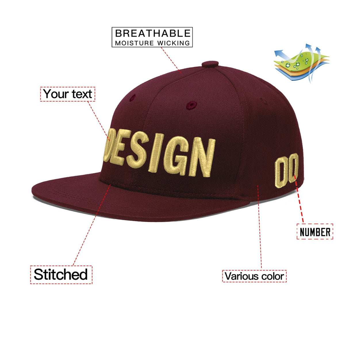 Custom Burgundy 3D Puff Embroidery Flat Embroidery Casual Sport Baseball Cap