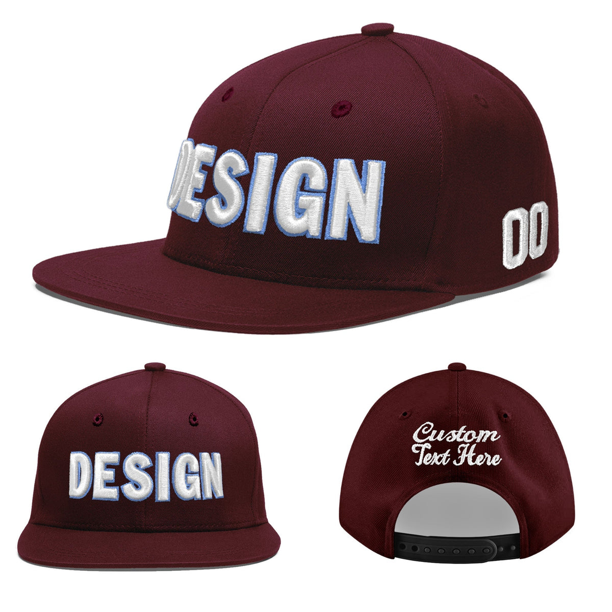 Custom Burgundy 3D Puff Embroidery Flat Embroidery Casual Sport Baseball Cap