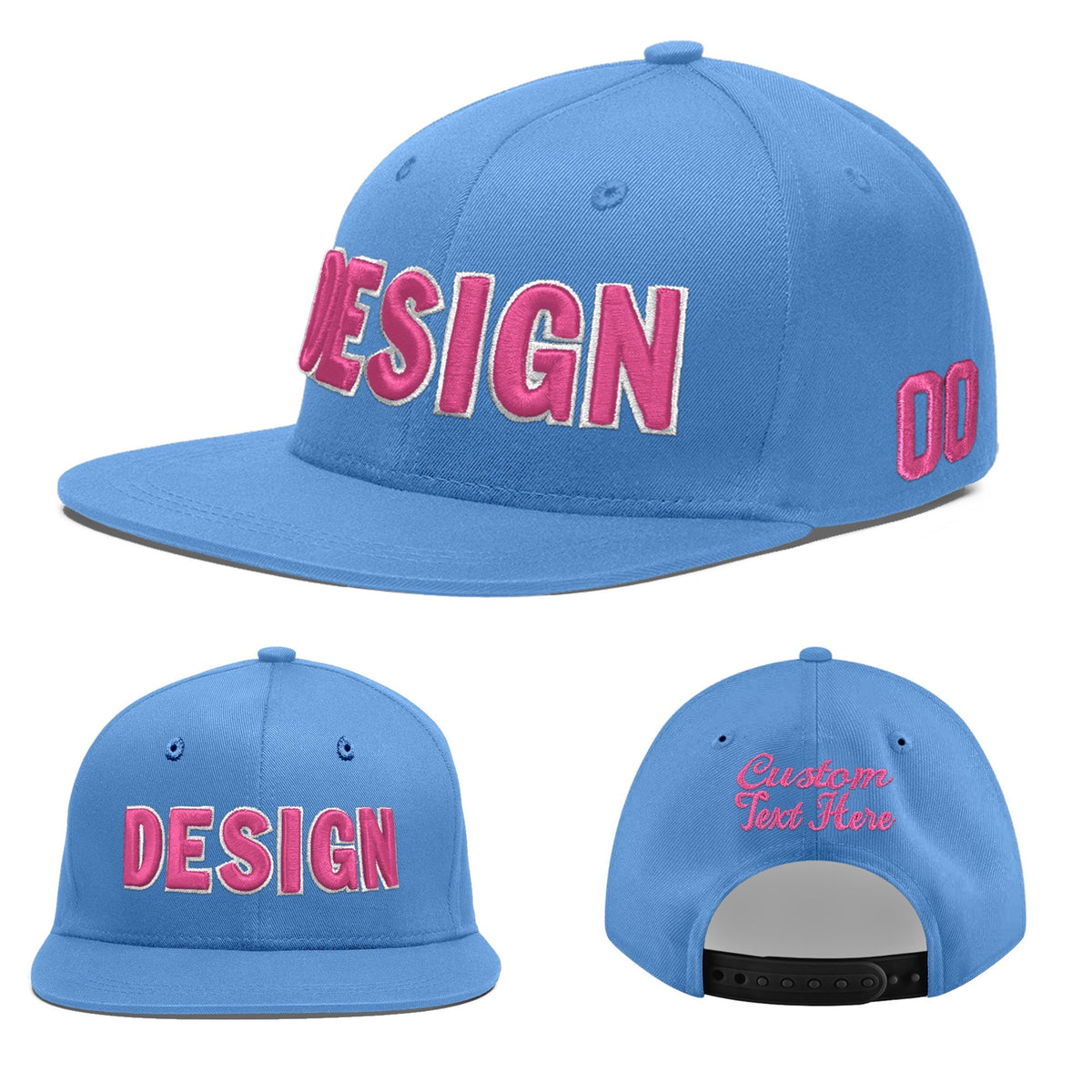 Custom Powder Blue 3D Puff Embroidery Flat Embroidery Casual Sport Baseball Cap