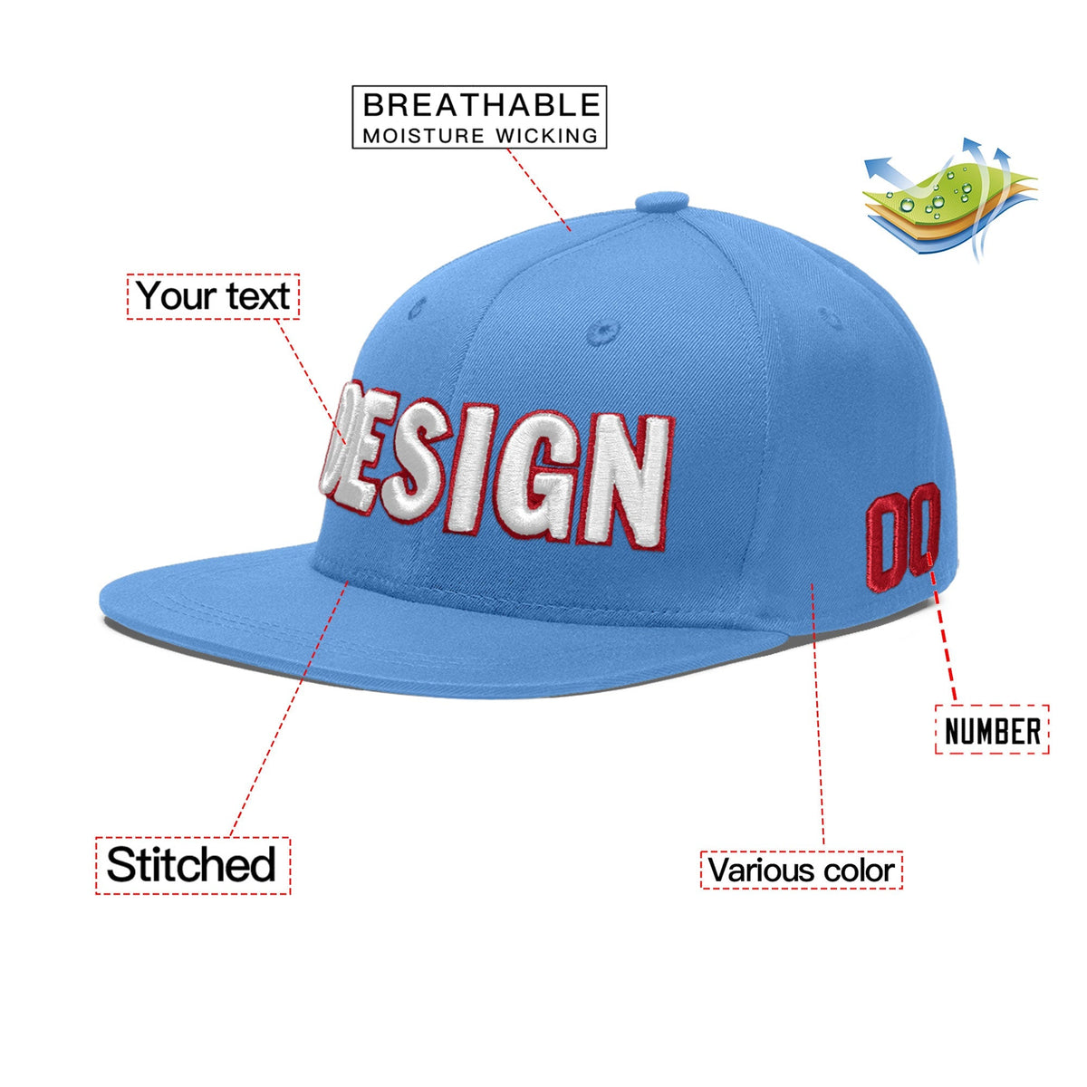 Custom Powder Blue 3D Puff Embroidery Flat Embroidery Casual Sport Baseball Cap