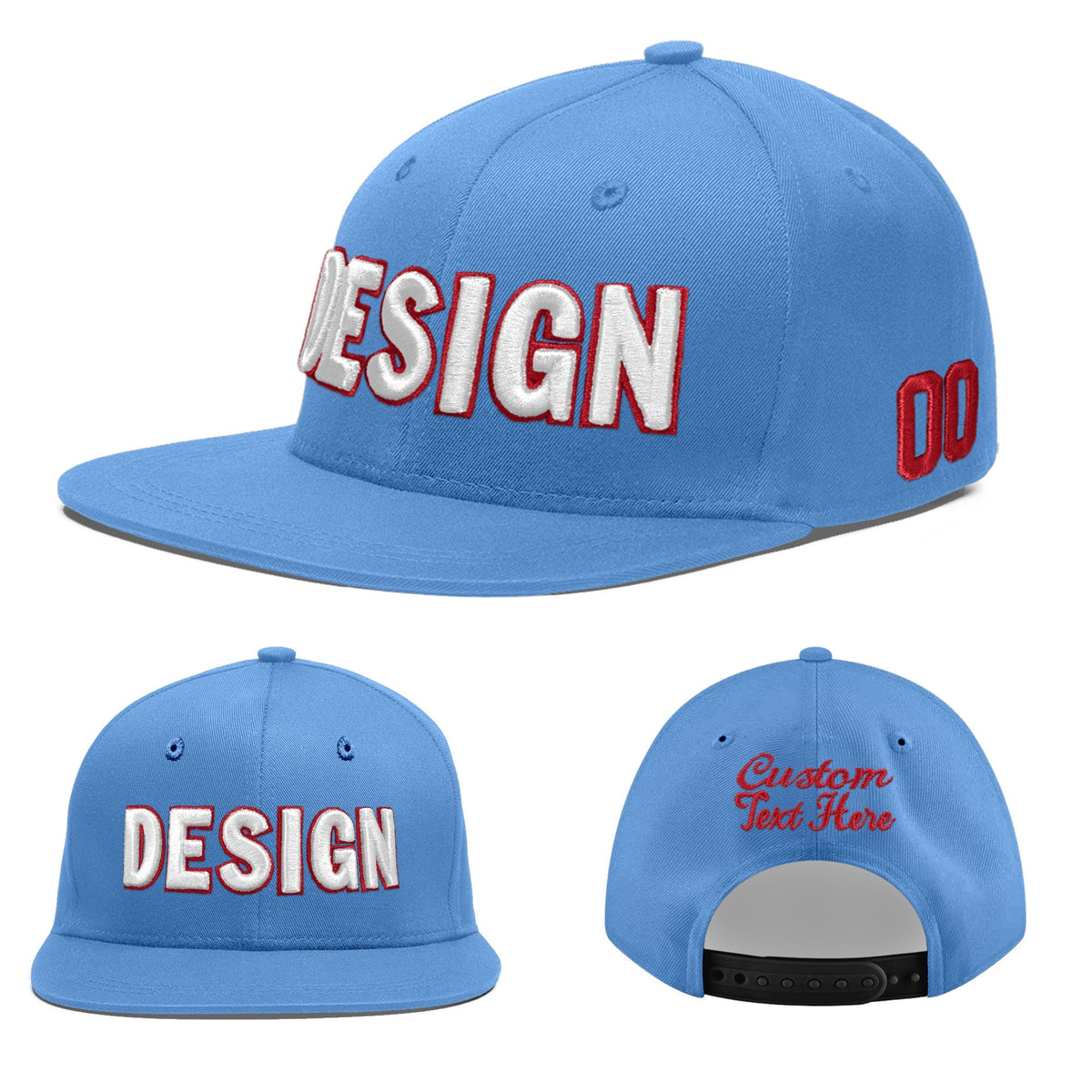 Custom Powder Blue 3D Puff Embroidery Flat Embroidery Casual Sport Baseball Cap