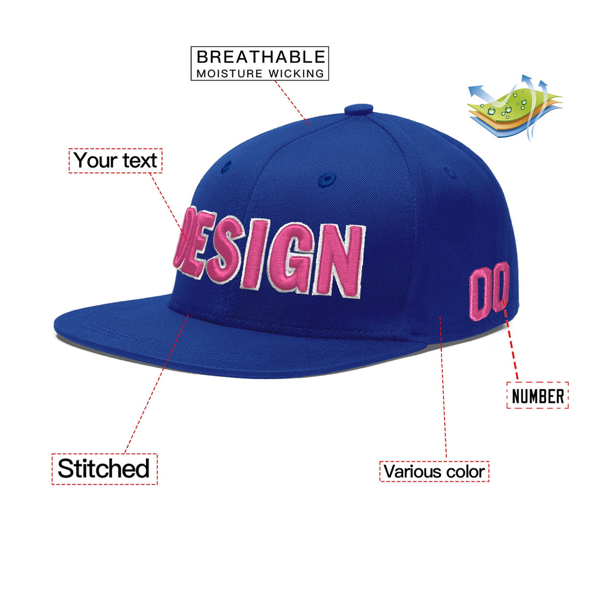 Custom Royal 3D Puff Embroidery Flat Embroidery Casual Sport Baseball Cap