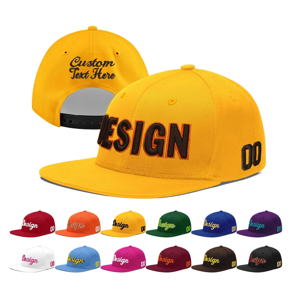 Custom Yellow 3D Puff Embroidery Flat Embroidery Casual Sport Baseball Cap