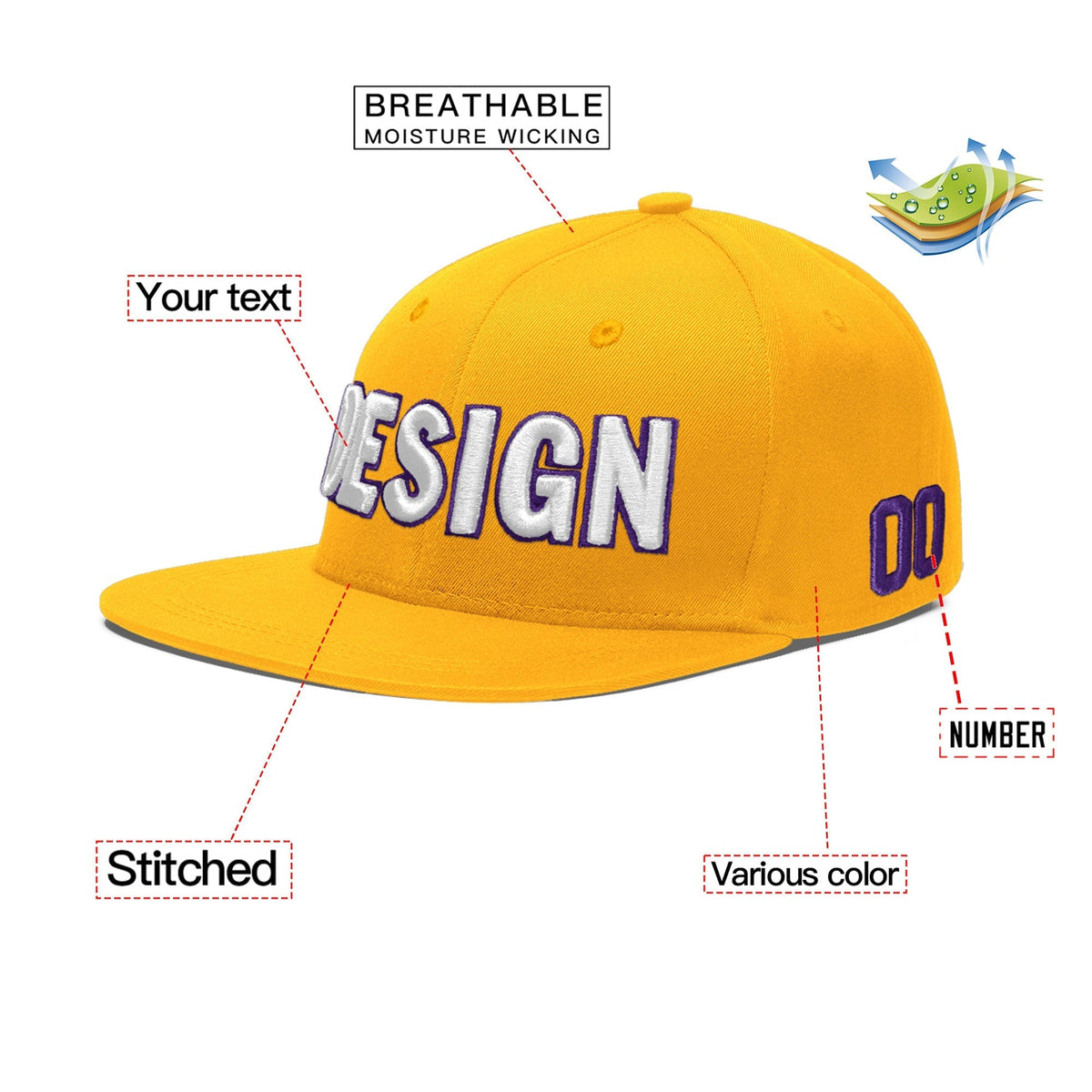 Custom Yellow 3D Puff Embroidery Flat Embroidery Casual Sport Baseball Cap