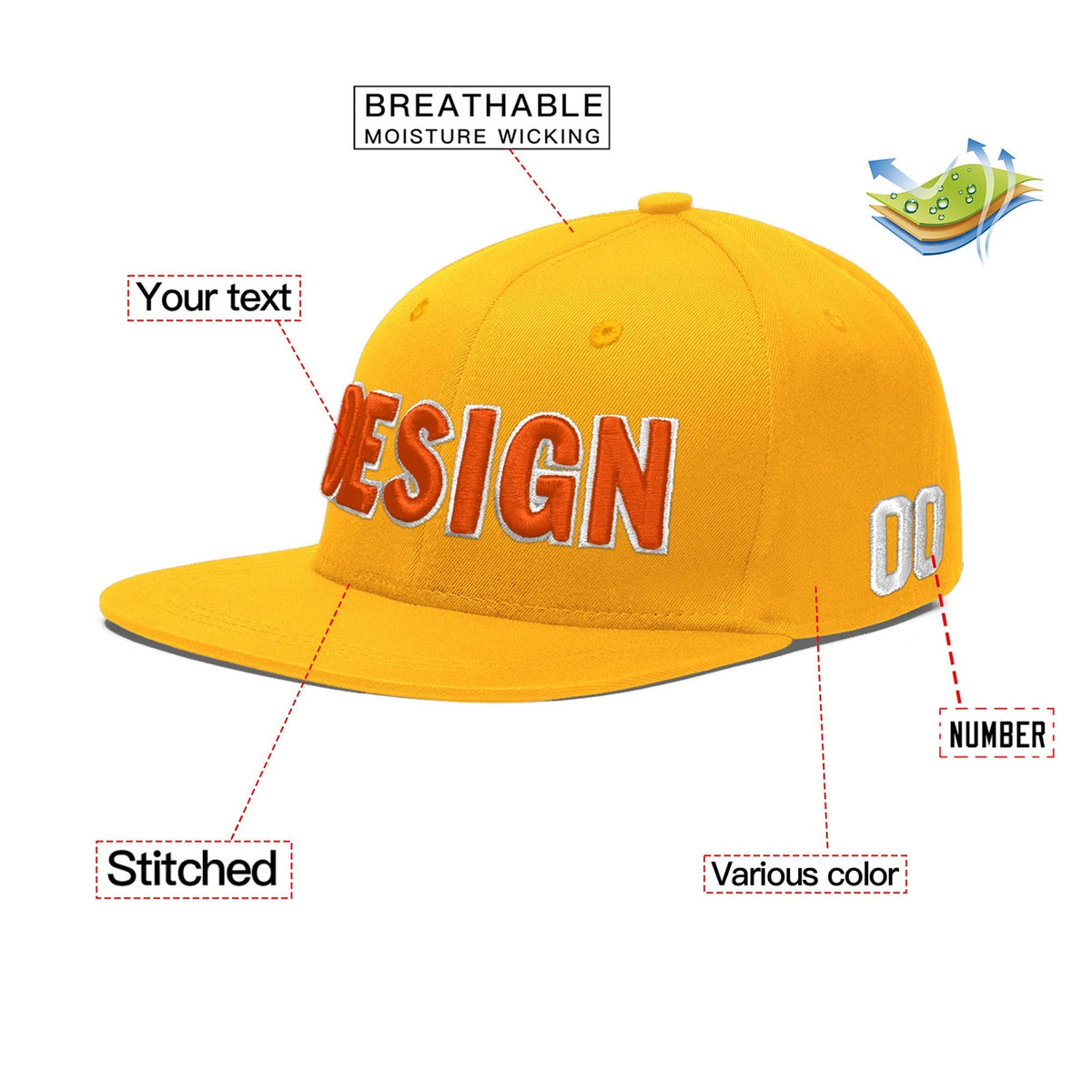 Custom Yellow 3D Puff Embroidery Flat Embroidery Casual Sport Baseball Cap