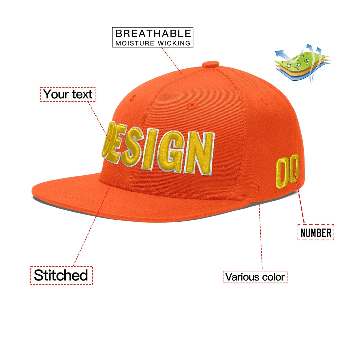 Custom Orange 3D Puff Embroidery Flat Embroidery Casual Sport Baseball Cap