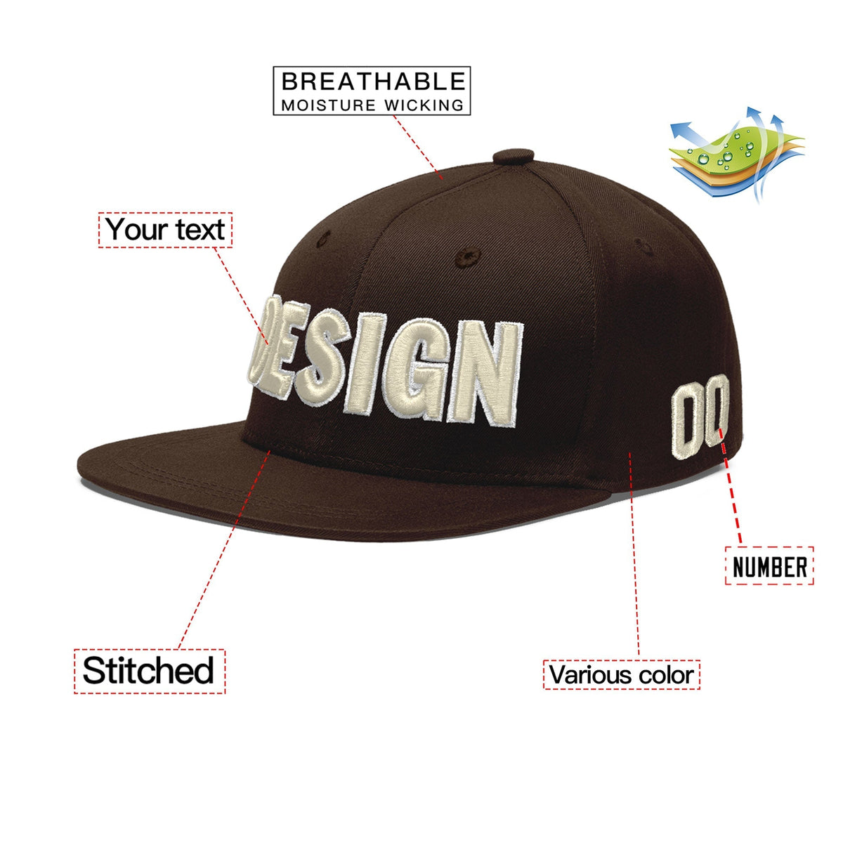 Custom Brown 3D Puff Embroidery Flat Embroidery Casual Sport Baseball Cap
