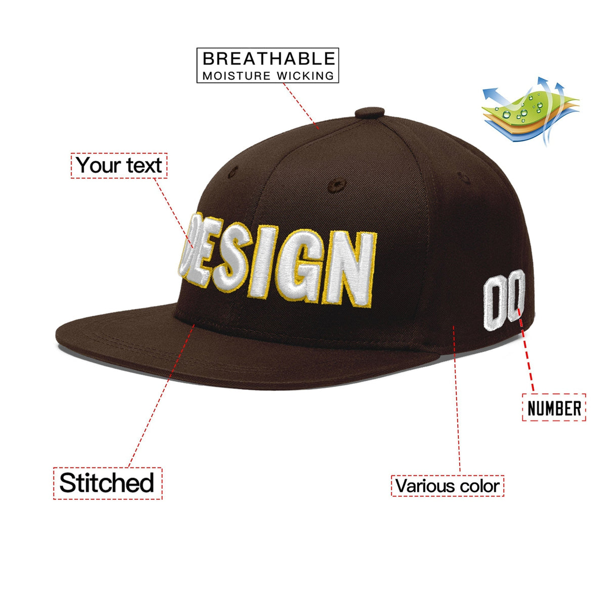 Custom Brown 3D Puff Embroidery Flat Embroidery Casual Sport Baseball Cap