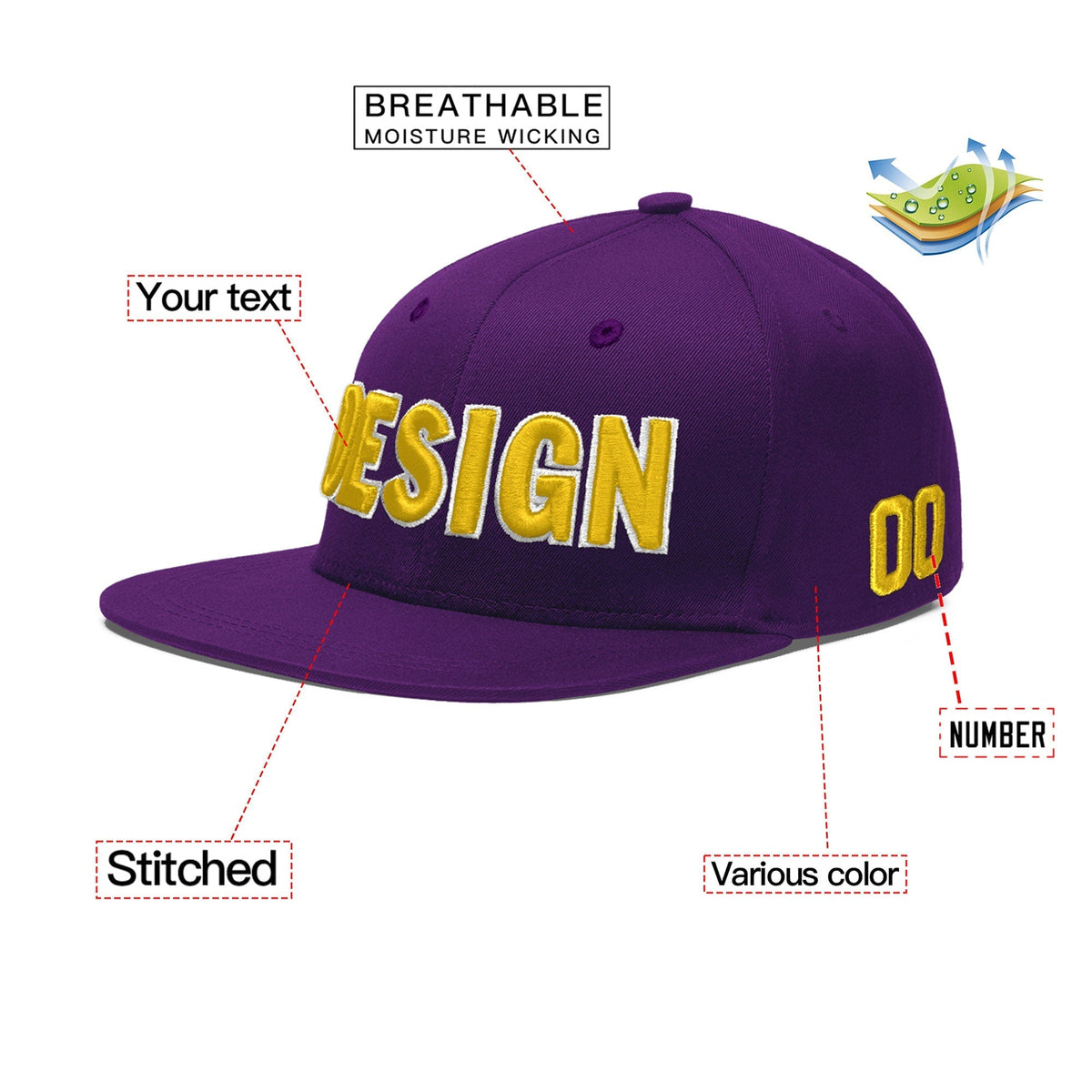 Custom Purple 3D Puff Embroidery Flat Embroidery Casual Sport Baseball Cap