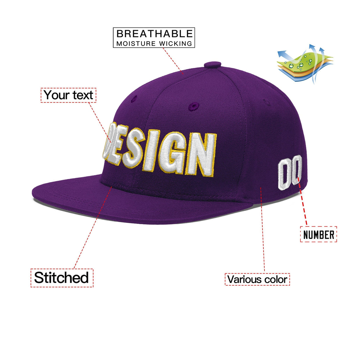 Custom Purple 3D Puff Embroidery Flat Embroidery Casual Sport Baseball Cap